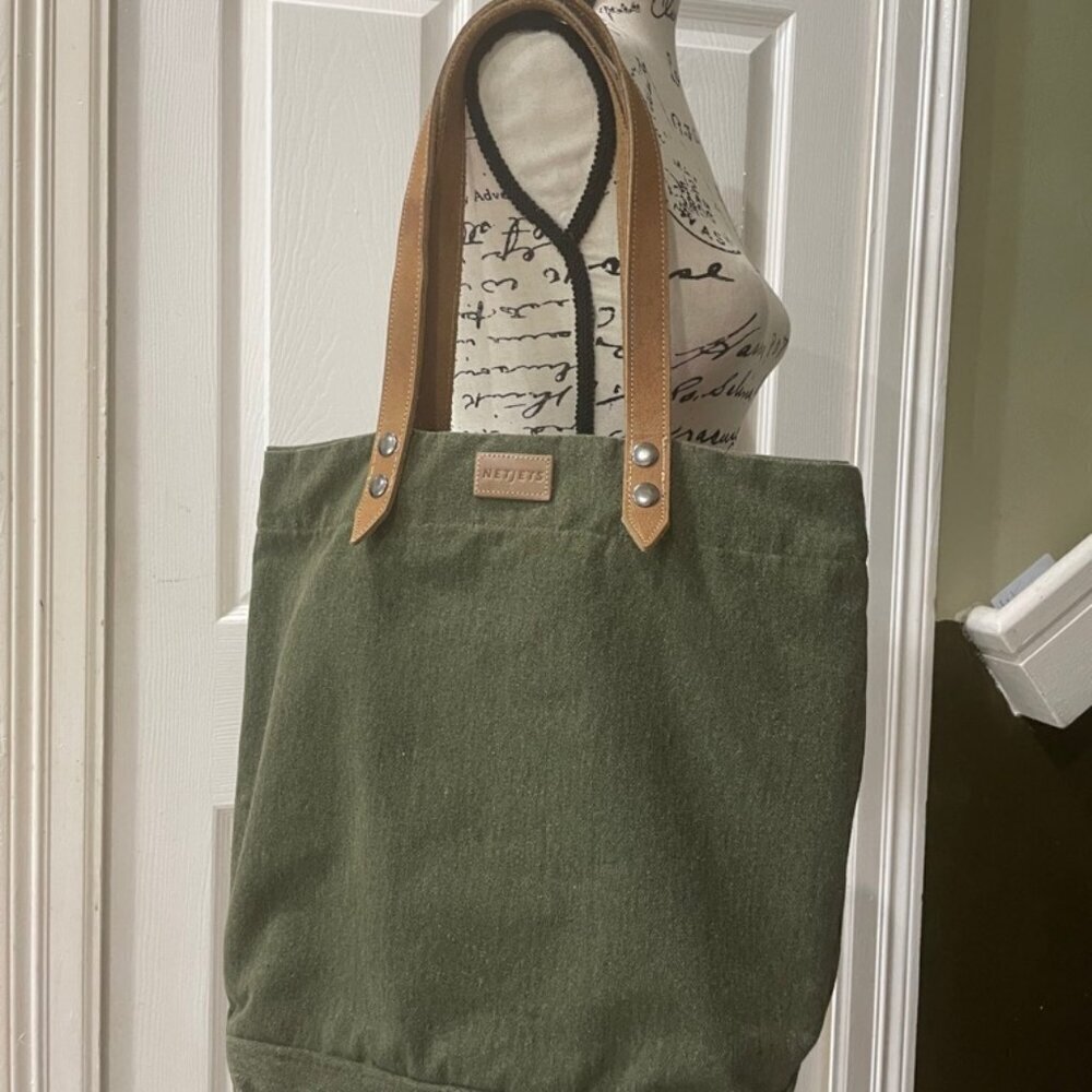 MILITARY GREEN CANVAS LEATHER TOTE BAG NETJETS BRAND - Picture 2 of 16